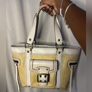 COACH Legacy Natural Woven Straw White Leather Trim  Boho Tote Handbag Purse